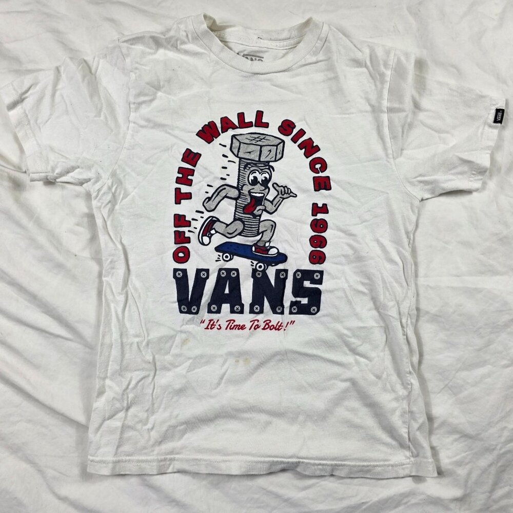 Vans Its Time to Bolt Boys Size Small White Shirt Casual School Walking Outdoors